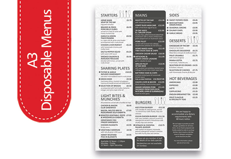 a3 disposable menu