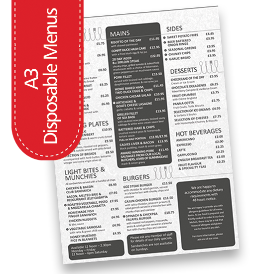 a3 disposable Bar menus